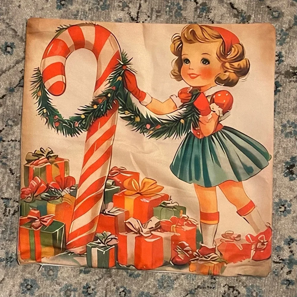 Four 17x17 Retro Style Christmas Pillow Covers w/Zipper Closure- Child Featured